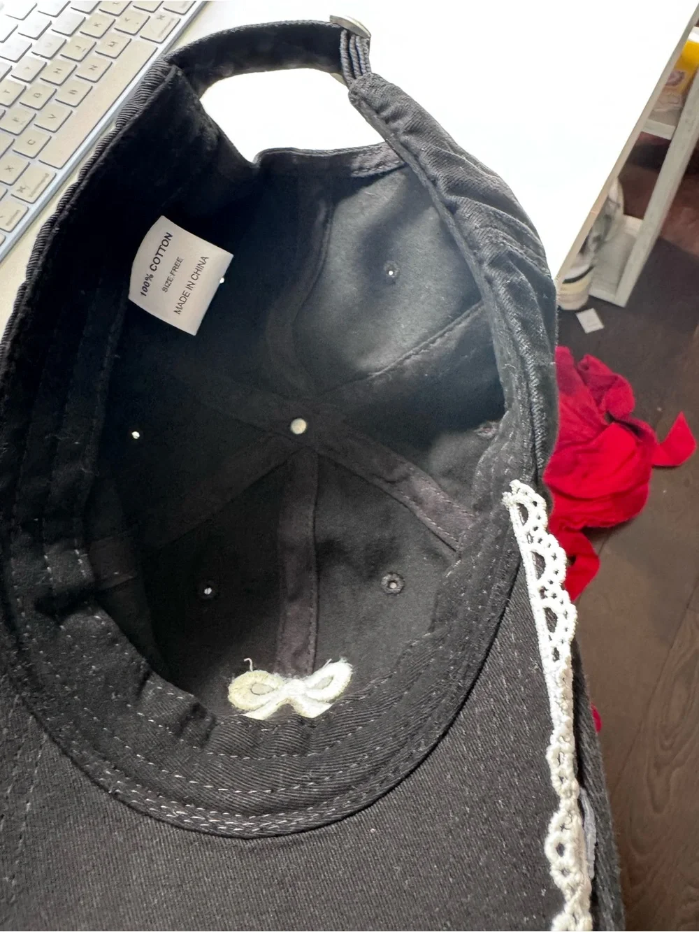 Black Bow Baseball Cap with White Lace Trim